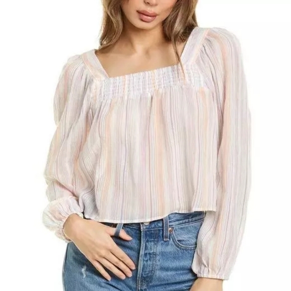 Bcbgeneration Women Chiffon Smocked Striped SquareStriped Sleeve blouse top sz S - Picture 1 of 8